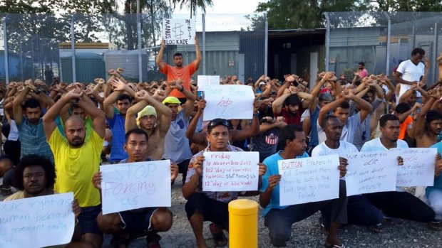 Asylum-seekers protesting against their forcible removal from the Manus Island detention centre.