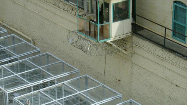 Guards in an elevated platform keep watch at San Quentin prison in California.