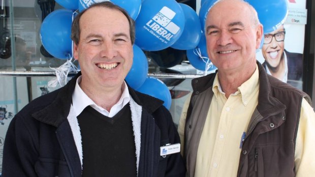 Former Eden-Monaro MP Gary Nairn (right) campaigning with Peter Hendy in 2013.
