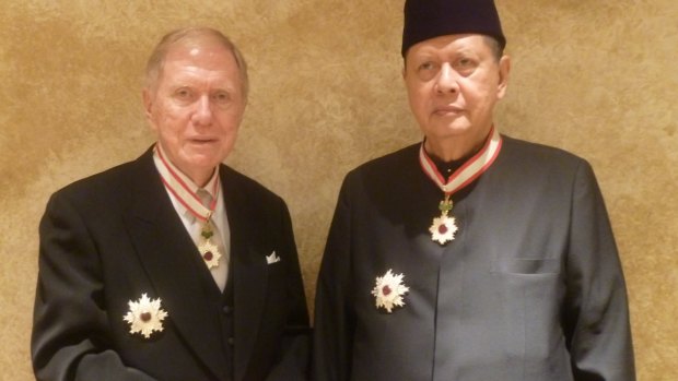 Michael Kirby, left, with fellow North Korea inquiry member Marzuki Darusman after they were honoured with the Order of the Rising Sun, Gold and Silver Star, by the Japanese emperor.