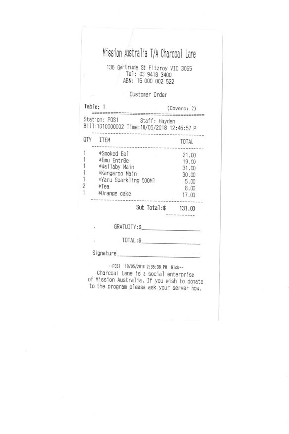 Receipt for lunch with Marcia Langton at Charcoal Lane.