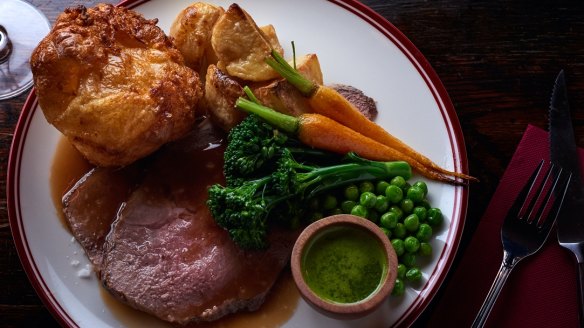 A traditional British-style Sunday roast with all the trimmings.