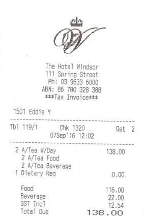 Receipt for high tea at the Windsor.