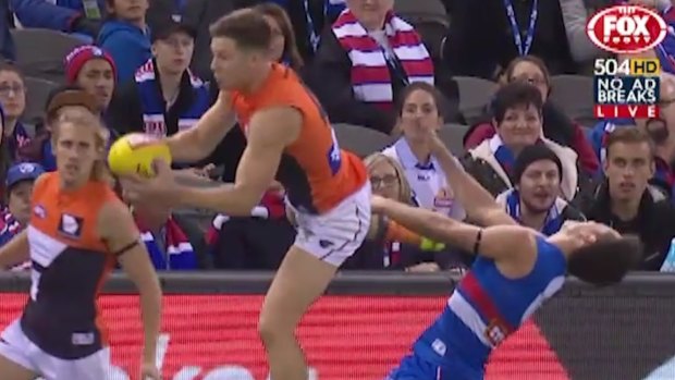 The boot to the head incident between Toby Greene and Luke Dahlhaus during Friday night's match.