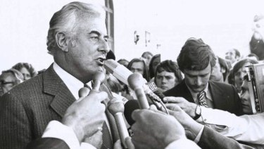 Gough Whitlam speaks on the steps of Parliament House after his government's dismissal on November 11, 1975.