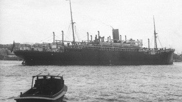 The SS Moreton Bay was one of the vessels chartered by the Dutch government-in-exile that was affected by the waterside workers black bans. Frederick Garner Wilkinson, 1901-1975, ANMM Collection