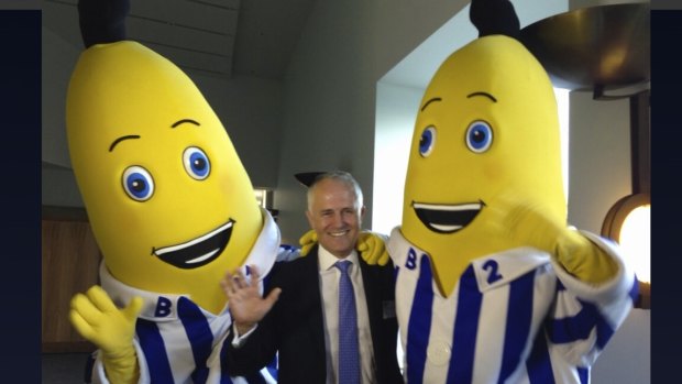 Malcolm Turnbull with the ABC's Bananas in Pyjamas.
