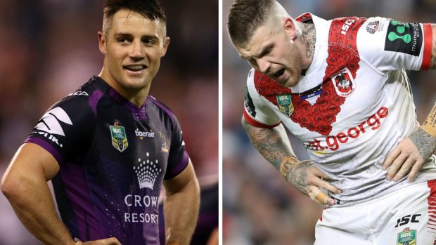 Up in the air: Melbourne Storm's Cooper Cronk and St George Illawarra Dragons' Josh Dugan.