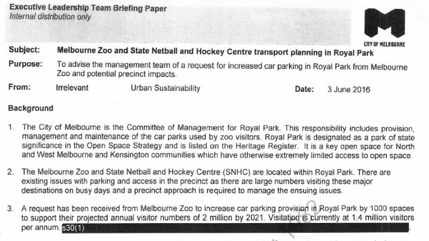An internal Melbourne City Council memo, released under FOI, shows Melbourne Zoo's request for 1000 more car parking spots in Royal Park. 
