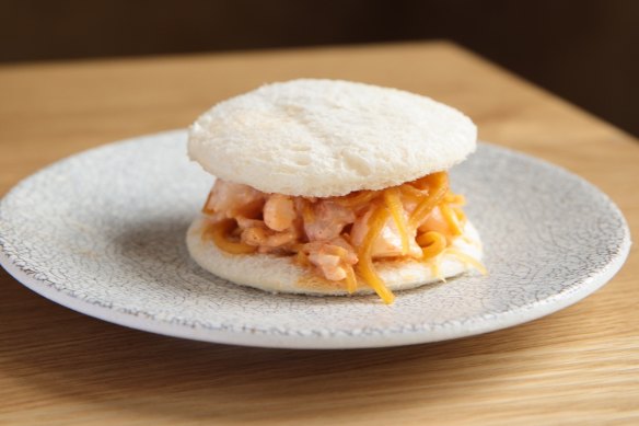 The prawn sanga on milk bread.