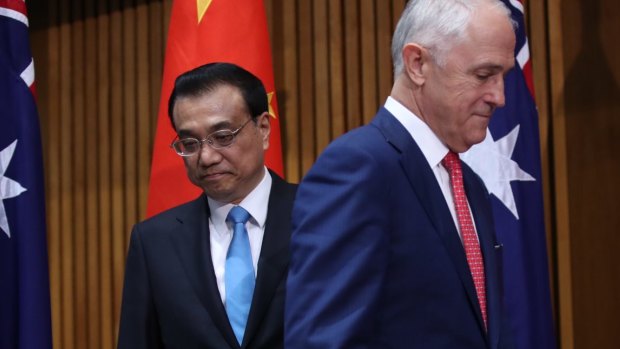 Prime Minister Malcolm Turnbull and Premier Li Keqiang of China during a signing ceremony at Parliament House in Canberra on Friday.