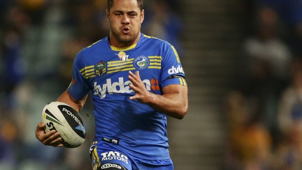 Star: Jarryd Hayne races away to score a try for Parramatta against Cronulla at Pirtek Stadium in 2014.