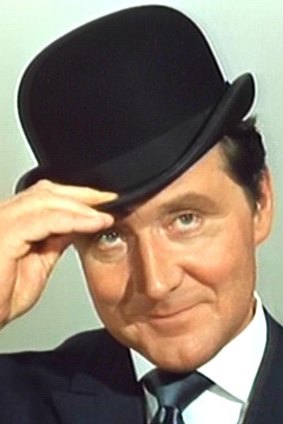 Patrick McNee [as secret agent John Steed] wearing his trademark bowler hat.