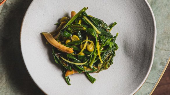 Charred Roman beans with razor clams and lemon oil dressing.