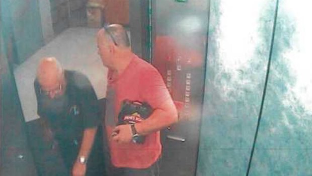 CCTV showing Roger Rogerson and Glen McNamara in the lifts of McNamara's Cronulla apartment.