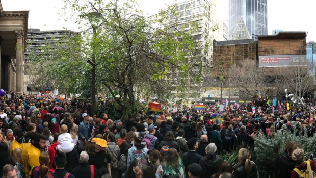 Marriage equality supporters gathered outside the State Library of Victoria.