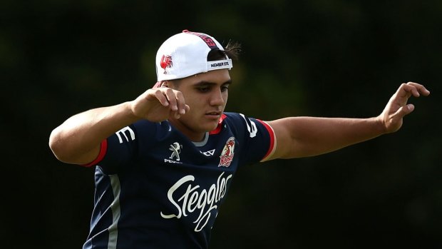 Steep learning curve: Jayden Nikorima at a Roosters training session.
