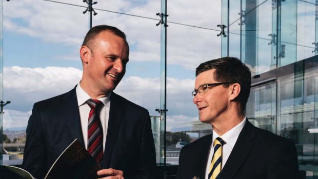 Andrew Barr with Brendan Smyth, launching their international engagement strategy at Canberra Airport.