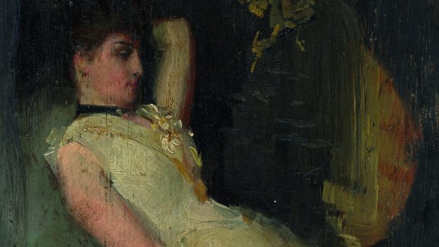 Detail of Cream and Black, Tom Roberts, oil on cigar box lid, 1889.