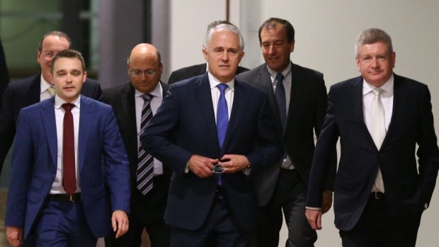 Malcolm Turnbull and his key supporters arrive for the leadership ballot last Monday.