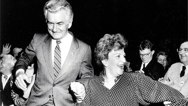 Prime Minister Bob Hawke celebrates his election win with wife Hazel in 1987.