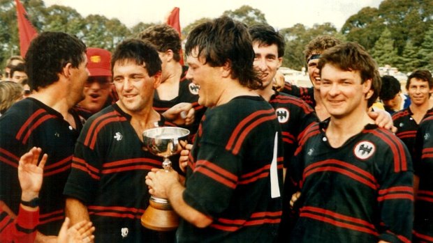 Gungahlin Eagles Peter O'Neill and Leigh Donnellan after the 1986 grand final.