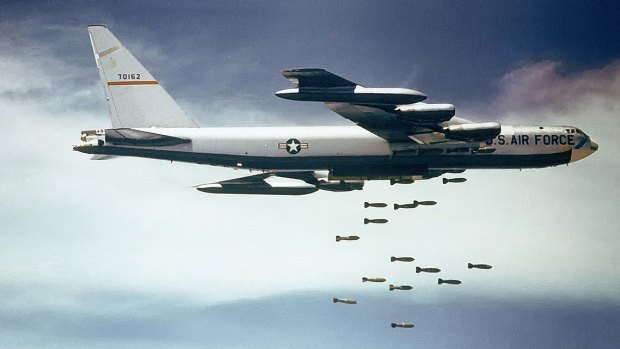 US Air Force B-52 dropping bombs over Southeast Asia in the 1960s. 