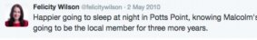 This tweet from May 2010 puts Ms Wilson in Sydney's east.