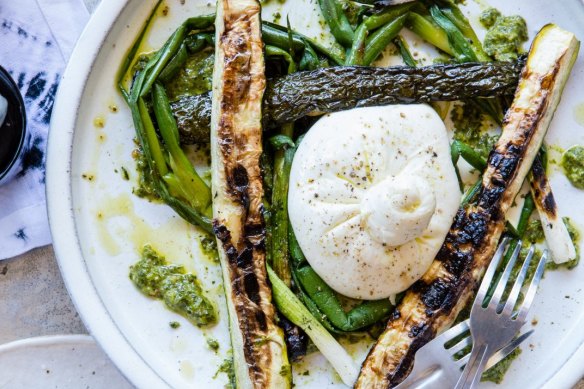 Burrata cheese with charred zucchini and spring onions.