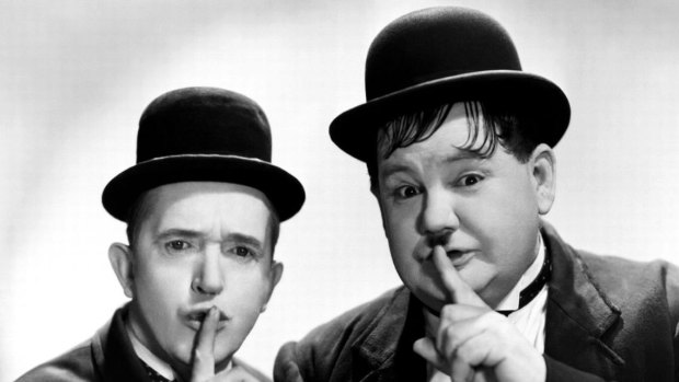 Celebrity shhhh. Laurel and Hardy ask for some Canberra-quality quiet.