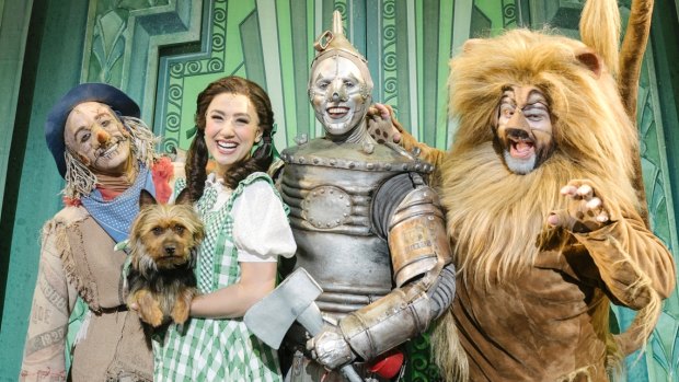 Dorothy (Samantha Dodemaide) with her friends – the Scarecrow (Eli Cooper), the Tin Man (Alex Rathgeber) and the Lion (John Xintavelonis). 