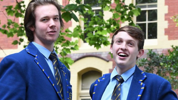 Andrew Cotton and Christian D'Aloia after their HSC Business exam on Friday. 