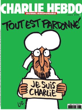 The cover of the Charlie Hebdo edition  immediately after the attack on the magazine's offices that killed 12 people a year ago, drawn by "Luz".