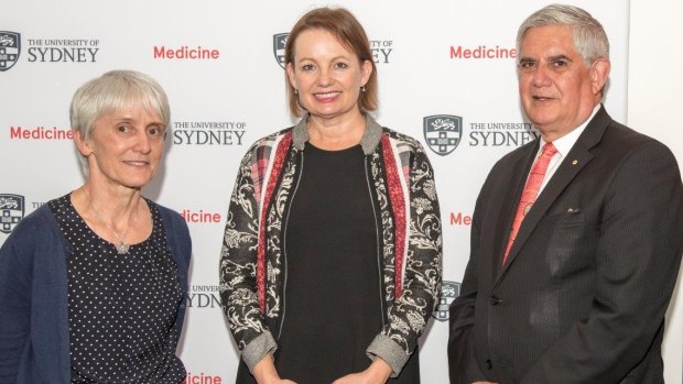 Professor Kate Conigrave (left), Health Minister Sussan Ley and Assistant Health Minister Ken Wyatt announcing Sydney University's $2.5 million NHMRC funded Indigenous health research centre.