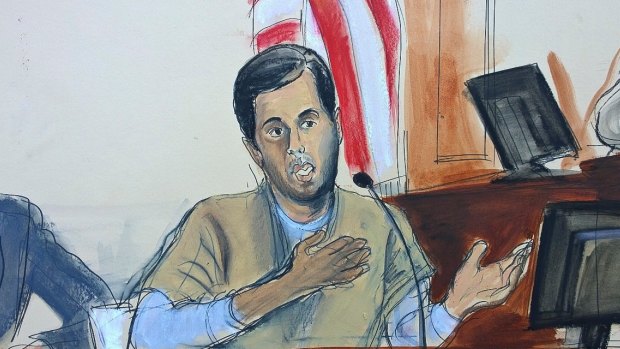 In this courtroom sketch, Turkish-Iranian gold trader Reza Zarrab testifies.