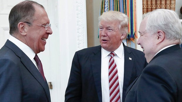 US President Donald Trump with Russian Foreign Minister Sergey Lavrov, left, and Russian ambassador to the US Sergey Kislyak in the White House in May.