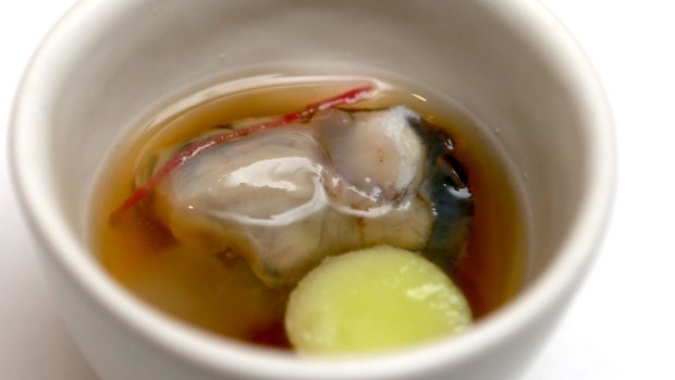 Japanese inspired oyster shooters, the first dish on ezard's eight-course tasting menu.