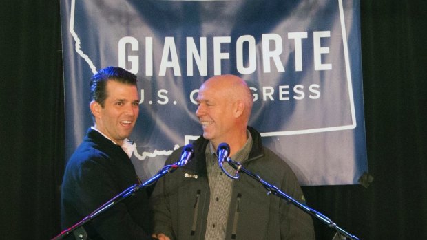 Republican Greg Gianforte campaigning with Donald Trump Jr in Montana.