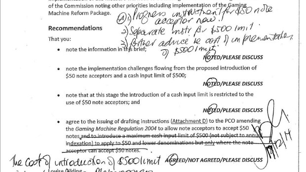 Handwritten notes by ACT Gaming minister Joy Burch on a government brief about $50 notes in poker machines