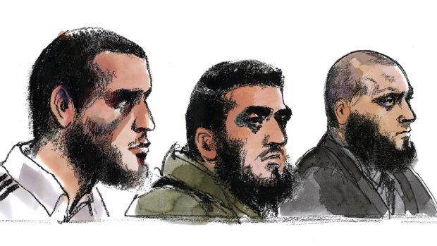 From left to right Ezzit Raad, Ahmed Raad and Bassam Raad as depicted by an artist during an earlier court appearance. 