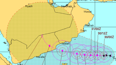 The projected path of Chapala indicates it will reach Yemen on Monday.