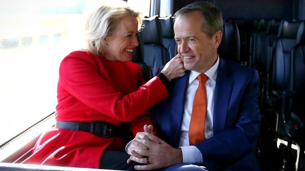 Opposition Leader Bill Shorten and his wife Chloe on the campaign bus during the 2016 election.