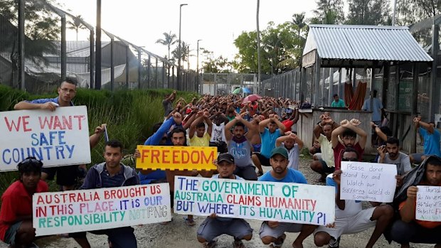 Refugees and asylum seekers protesting inside the now-closed regional processing facility on Manus Island, which they refuse to leave.