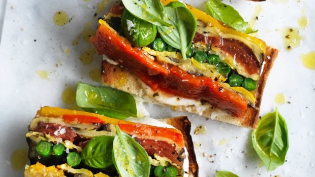 Vegetable terrine on toast with whipped ricotta