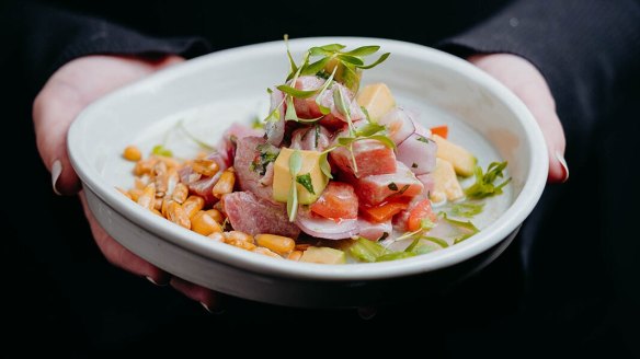 Ekeko serves six kinds of ceviche, including one with cured yellowfin tuna in leche de tigre with tomato, onion and avocado salsa.