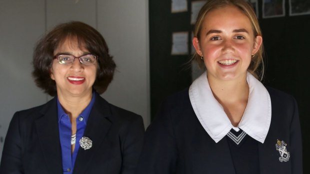 Dr Siva Kumari with year 12 student Chiara Schwarz, who moved to St Andrew's Cathedral School so she could do the IB instead of the HSC.