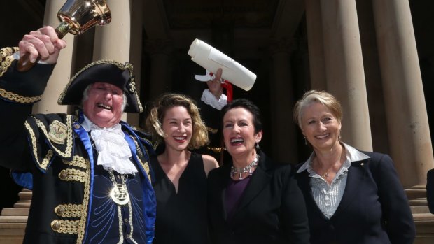 In better days: Town crier Graham Keating, Jess Miller, Sydney Lord Mayor Clover Moore and Professor Kerryn Phelps on the steps of Town Hall at the proclamation of the 2016 council.