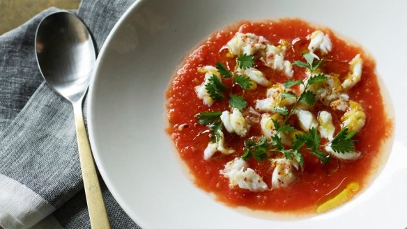 Chilled spiced tomato and spanner crab recipe by Matt McConnell for Good Food Christmas menu.