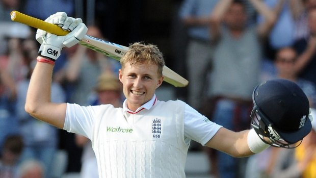 England's Joe Root celebrates his century - by the end of the day he more than doubled Australia's score.