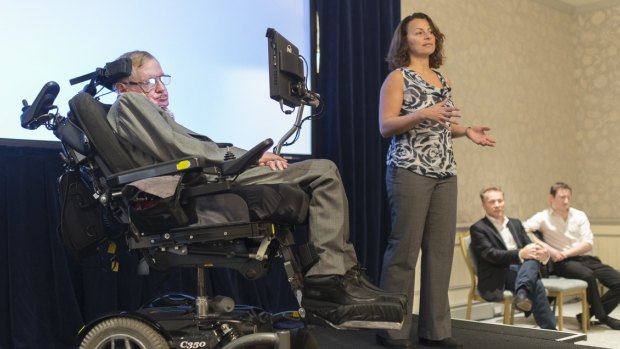 Professor Stephen Hawking with Intel's Lama Nachman announcing his new software system developed by Intel.